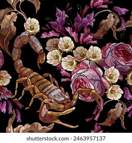 Embroidery. Scorpion, wild pink roses and white flowers seamless pattern vector. Fashionable template for clothes. Summer garden floral art