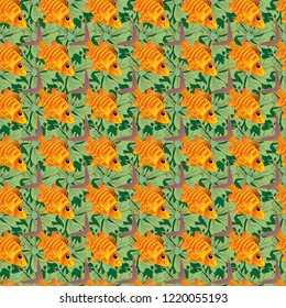 Embroidery sea life, sea, clown fish, tropical fishes seamless pattern. Classical tropical sea, wave, fishes, corals, fashion seamless pattern in orange, green and yellow colors. Fashionable clothes.