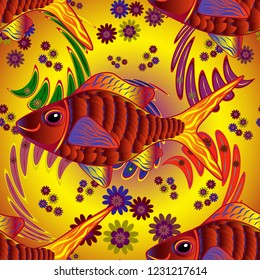 Embroidery sea life, sea, clown fish, tropical fishes seamless pattern. Fashionable clothes. Classical tropical sea, wave, fishes, corals, fashion seamless pattern in orange, red and yellow colors.