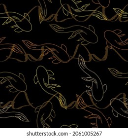 Embroidery sea life, clown fish, tropical fishes seamless pattern. Fashionable clothes. Koi carp fishes vector illustration, multicolored swimming oriental goldfish set isolated on dark background