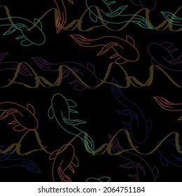 Embroidery sea life, clown fish, tropical fishes seamless pattern. Fashionable clothes. Asian spiritual symbols.