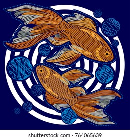 Embroidery sea life. Embroidered goldfish. Vector illustration