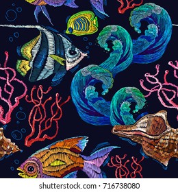 Embroidery sea life, sea shells, corals, tropical fishes seamless pattern. Classical embroidery tropical sea wave, fishes, corals, shells seamless fashion pattern. Fashionable clothes, t-shirt design