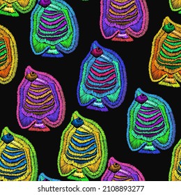 Embroidery sea life. Tropical colorful fishes seamless pattern. Underwater background. Fashion template for clothes, textiles and t-shirt