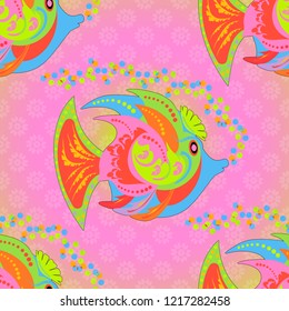 Embroidery sea life, sea, tropical fishes vector seamless pattern. Fashionable clothes in red, pink and green colors. Classical embroidery tropical sea, wave, fishes, corals, seamless fashion pattern.