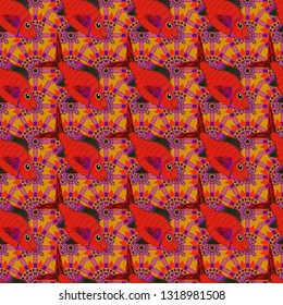 Embroidery sea life, sea, tropical fishes vector seamless pattern. Classical embroidery tropical sea, wave, fishes, seamless fashion pattern. Fashionable clothes in red, purple and orange colors.