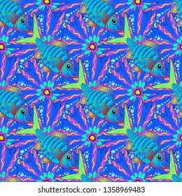 Embroidery sea life, sea, tropical fishes vector seamless pattern. Fashionable clothes in blue, green, violet colors. Classical embroidery tropical sea, wave, fishes, corals, seamless fashion pattern.