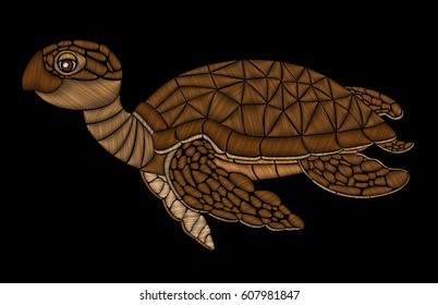 Embroidery sea turtle. Imitation hand embroidery stitch on fabric. Vector.