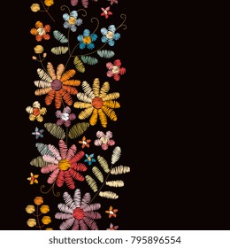 Embroidery seamless border with beautiful summer flowers. Design for greeting and invitation cards. Vector illustration.