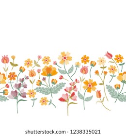 Embroidery seamless border with beautiful wild flowers. Design for greeting and invitation cards. Vector illustration.