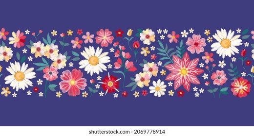 Embroidery seamless border with colorful summer flowers. Floral embroidered pattern. Fashion print.