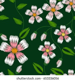 Embroidery Seamless colorful trend pattern.  floral apple green leaf.
