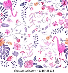 Embroidery seamless floral neckline pattern with flowers and flamingo .Vector traditional embroidered bouquet with flowers on white background for clothing design.