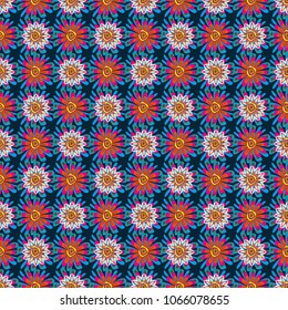 Embroidery seamless floral pattern with abstract flowers. Vector traditional embroidered sketch with flowers in black, orange and blue colors for clothing design.