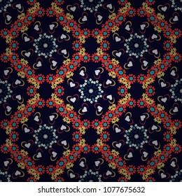Embroidery seamless floral pattern with abstract flowers. Vector traditional embroidered sketch with flowers in black, red and brown colors for clothing design.
