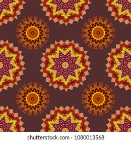 Embroidery seamless floral pattern with abstract flowers. Vector traditional embroidered sketch with flowers in purple, green and brown colors for clothing design.