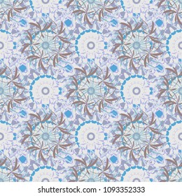 Embroidery seamless floral pattern with abstract flowers. Vector traditional embroidered sketch with flowers in neutral, brown and blue colors for clothing design.