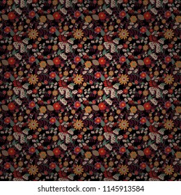 Embroidery seamless floral pattern with abstract flowers. Vector traditional embroidered sketch with flowers in brown, beige and black colors for clothing design.