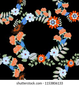 Embroidery seamless floral pattern with abstract flowers. Vector traditional embroidered sketch with flowers in black, orange and green colors for clothing design.