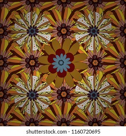Embroidery seamless floral pattern with abstract flowers. Vector traditional embroidered sketch with flowers in brown, red and yellow colors for clothing design.
