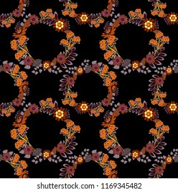 Embroidery seamless floral pattern with abstract flowers. Vector traditional embroidered sketch with flowers in brown, orange and black colors for clothing design.