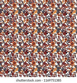 Embroidery seamless floral pattern with abstract flowers. Vector traditional embroidered sketch with flowers in white, orange and blue colors for clothing design.