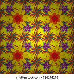 Embroidery seamless floral pattern with abstract flowers. Vector traditional embroidered sketch with flowers in red, blue and yellow colors for clothing design.