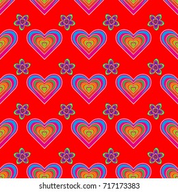 Embroidery seamless floral pattern with abstract flowers. Vector traditional embroidered sketch with flowers in red, magenta and blue colors for clothing design.