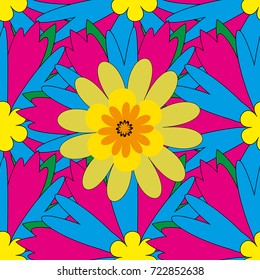 Embroidery seamless floral pattern with abstract flowers. Vector traditional embroidered sketch with flowers in yellow, blue and magenta colors for clothing design.