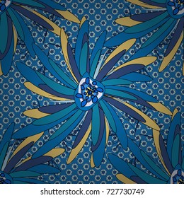 Embroidery seamless floral pattern with abstract flowers. Vector traditional embroidered sketch with flowers in violet, yellow and blue colors for clothing design.