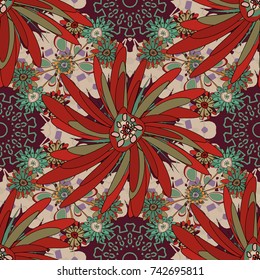 Embroidery seamless floral pattern with abstract flowers. Vector traditional embroidered sketch with flowers in brown, green and red colors for clothing design.