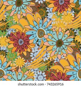 Embroidery seamless floral pattern with abstract flowers. Vector traditional embroidered sketch with flowers in orange, blue and yellow colors for clothing design.