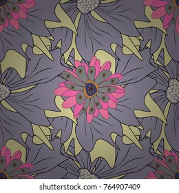Embroidery seamless floral pattern with abstract flowers. Vector traditional embroidered sketch with flowers in gray, violet and yellow colors for clothing design.