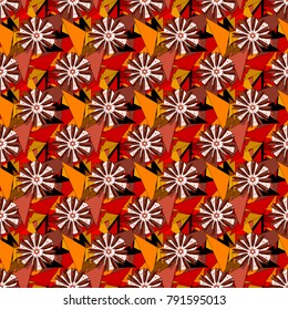Embroidery seamless floral pattern with abstract flowers. Vector traditional embroidered sketch with flowers in brown, orange and black colors for clothing design.