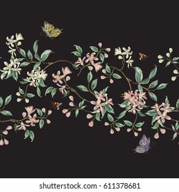 Embroidery seamless floral pattern with branch of tropical japanese flowers. Vector traditional folk cherry blossom, bees and butterflies on black background for design