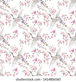 Bordado, sin fisuras, de estampado floral con grúa y flor de cerezo. Ramo vectorial bordado con flores sobre fondo blanco para el diseño de ropa.