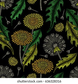 Embroidery seamless floral pattern with dandelion on black background. Vector fashion ornament