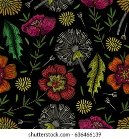 Embroidery seamless floral pattern with dandelion and portulaca on black background. Vector fashion ornament