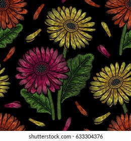 Embroidery seamless floral pattern with gerbera on black background. Vector fashion ornament