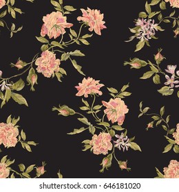 Embroidery seamless floral pattern with peonies blossom. Vector traditional embroidered bouquet with flowers on black background for clothing design.