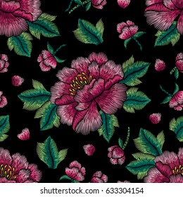 Embroidery seamless floral pattern with peony on black background. Vector fashion ornament