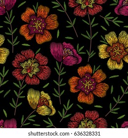 Embroidery seamless floral pattern with portulaca on black background. Vector fashion ornament