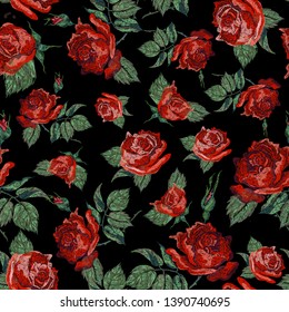 Embroidery seamless floral pattern with red roses . Vector embroidered bouquet with flowers for wearing design.