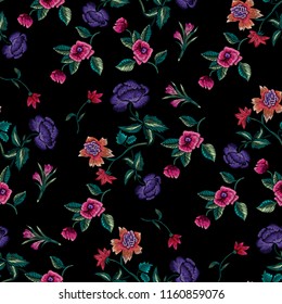 Embroidery seamless floral pattern with roses and peonies. Vector embroidered ethnic patch with flowers for print and fabric design.