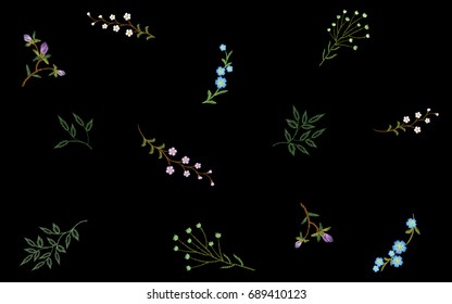 Embroidery seamless floral pattern small branches wild herb with little blue violet field flower. Ornate traditional folk fashion patch design neckline black background vector illustration