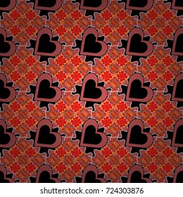 Embroidery seamless heart pattern with abstract diagonal tiles. Vector ornament in black, red and pink colors. Embroidery for fashion textile and fabric.