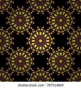 Embroidery - seamless ornament. Colored flowers, Mandalas and elements in a black, yellow and brown colors. Ethnic and tribal motifs. Vector print in the bohemian style.