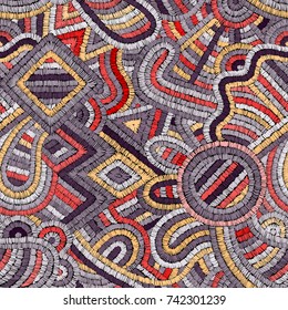Embroidery - seamless ornament. Colored lines on a black background. Handmade. Ethnic and tribal motifs. Print in the bohemian style. Vector illustration.