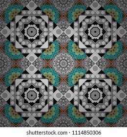 Embroidery seamless pattern with abstract diagonal tiles. Vector ornament in black, gray and blue colors. Embroidery for fashion textile and fabric.