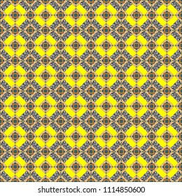 Embroidery seamless pattern with abstract diagonal tiles. Vector ornament in orange, yellow and gray colors. Embroidery for fashion textile and fabric.